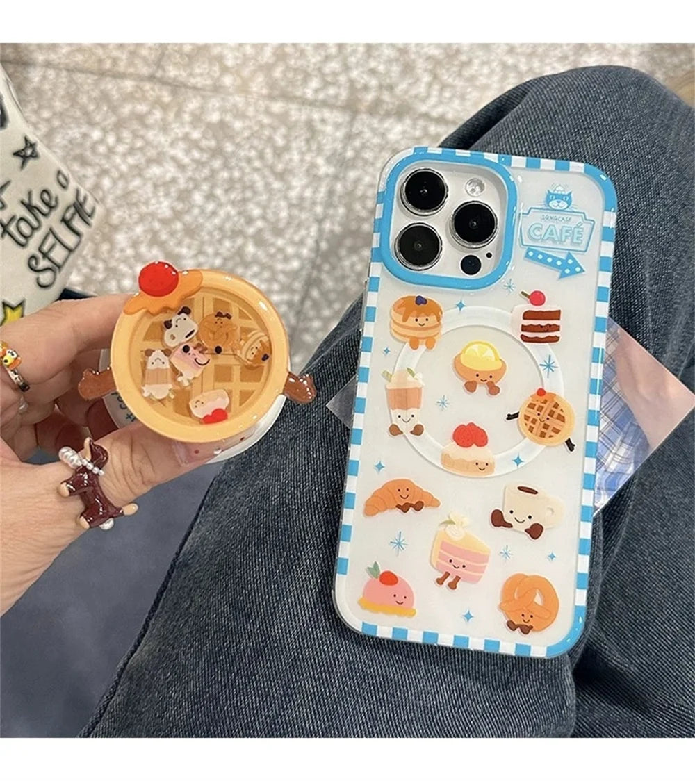 【カフェスイーツシリーズ】レトロカフェデザイン グリップ付き iPhoneケース #240609