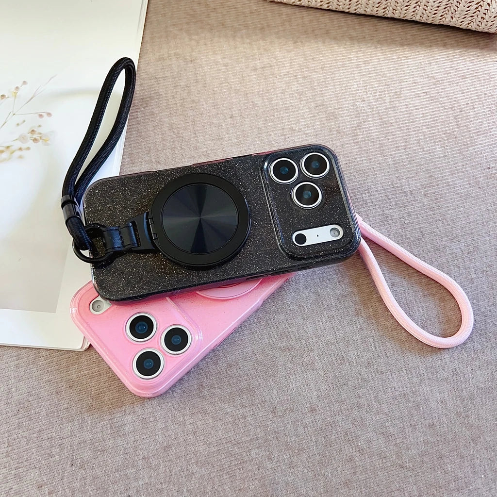 ラメグリッター×ストラップ付き Magnet内蔵 リングスタンド iPhoneケース #231115
