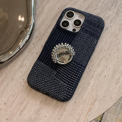 【デニムパール】ヴィンテージ デニム調 パール ビーズリング スタンド スマホケース｜iPhone対応 #250420