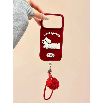 【アニマルシリーズ】もこもこドッグ スマホケース｜立体わんこ刺繍×ポンポンチャーム付き｜iPhone対応 #241209