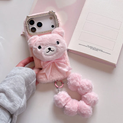 【アニマルフェイスシリーズ】くまさんぬいぐるみ スマホケース｜ふわもこ立体デザイン × ポンポンストラップ付き｜iPhone対応 #241128