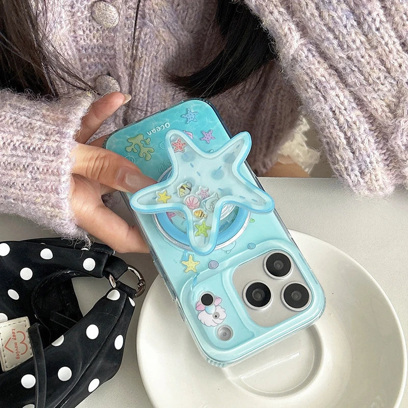 海の生きもの オーシャンモチーフ ヒトデ 立体グリップ付き マリン iPhoneケース｜Magnet内蔵 #231127