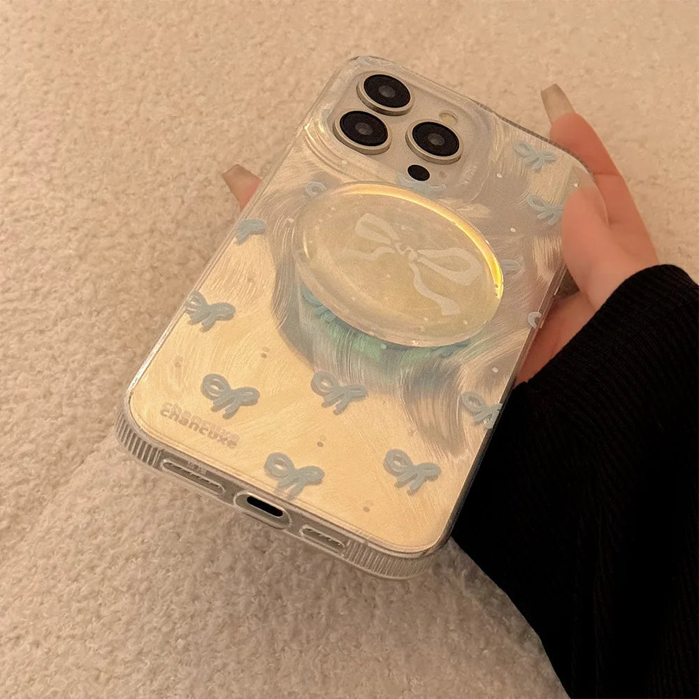 【ブルーホワイトリボン】ドットリボンモチーフ グリップ付き スマホケース｜iPhone対応 #240613