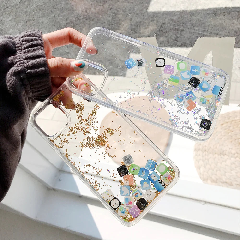 【流れるシリーズ】アプリアイコン クリア 透明キラキラ ラメ ソフト スマホケース カバー｜iPhone対応 #250402