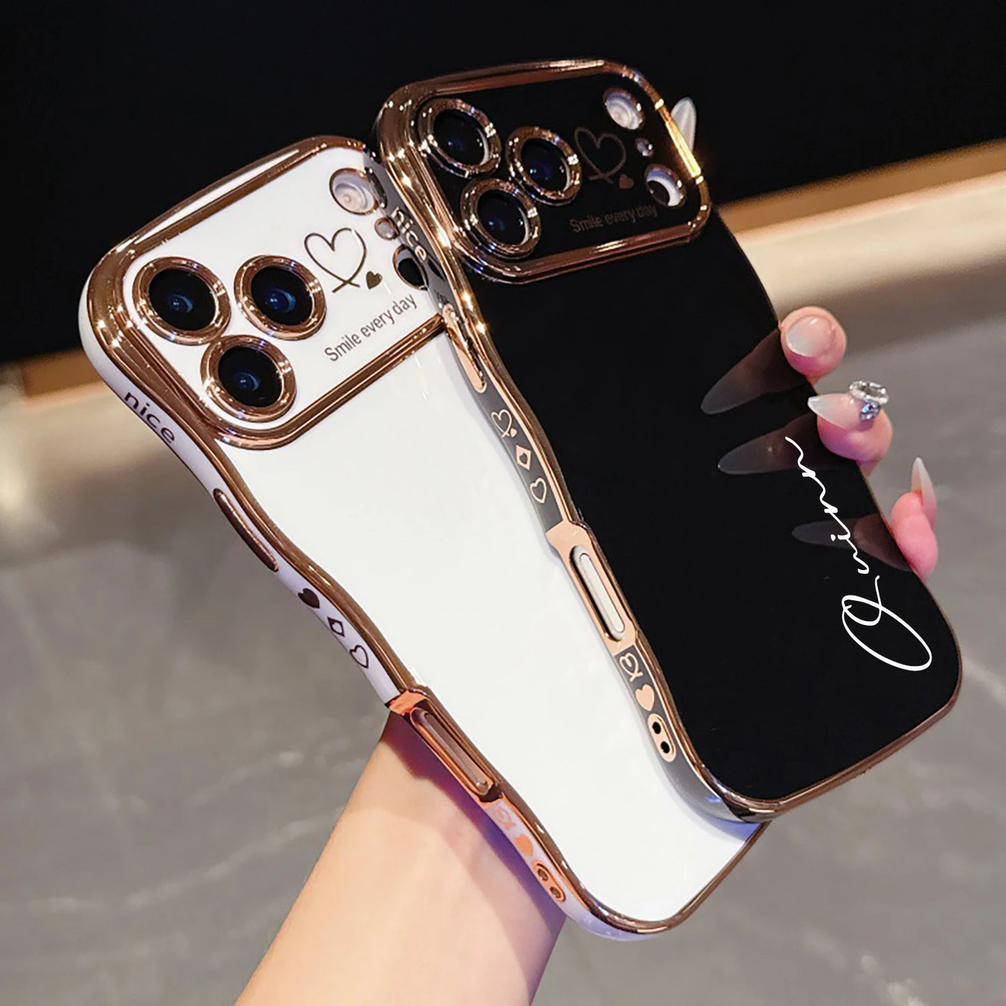 【カスタムシリーズ】ウェーブフレーム サイドハート 名入れ ソフトケース｜iPhone対応 #240714