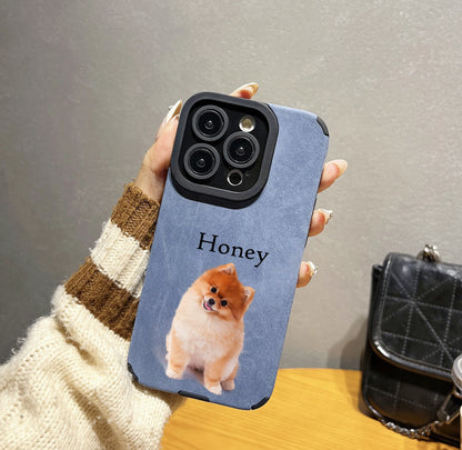 【カスタムNAMEシリーズ】ペット写真×ネーム入り スエード調 フォトケース｜iPhone対応 #241007