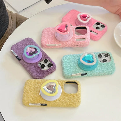 【Magnet内蔵】立体ハートジュエルポップソケット × もこもこファー スマホケース｜iPhone対応 #241214