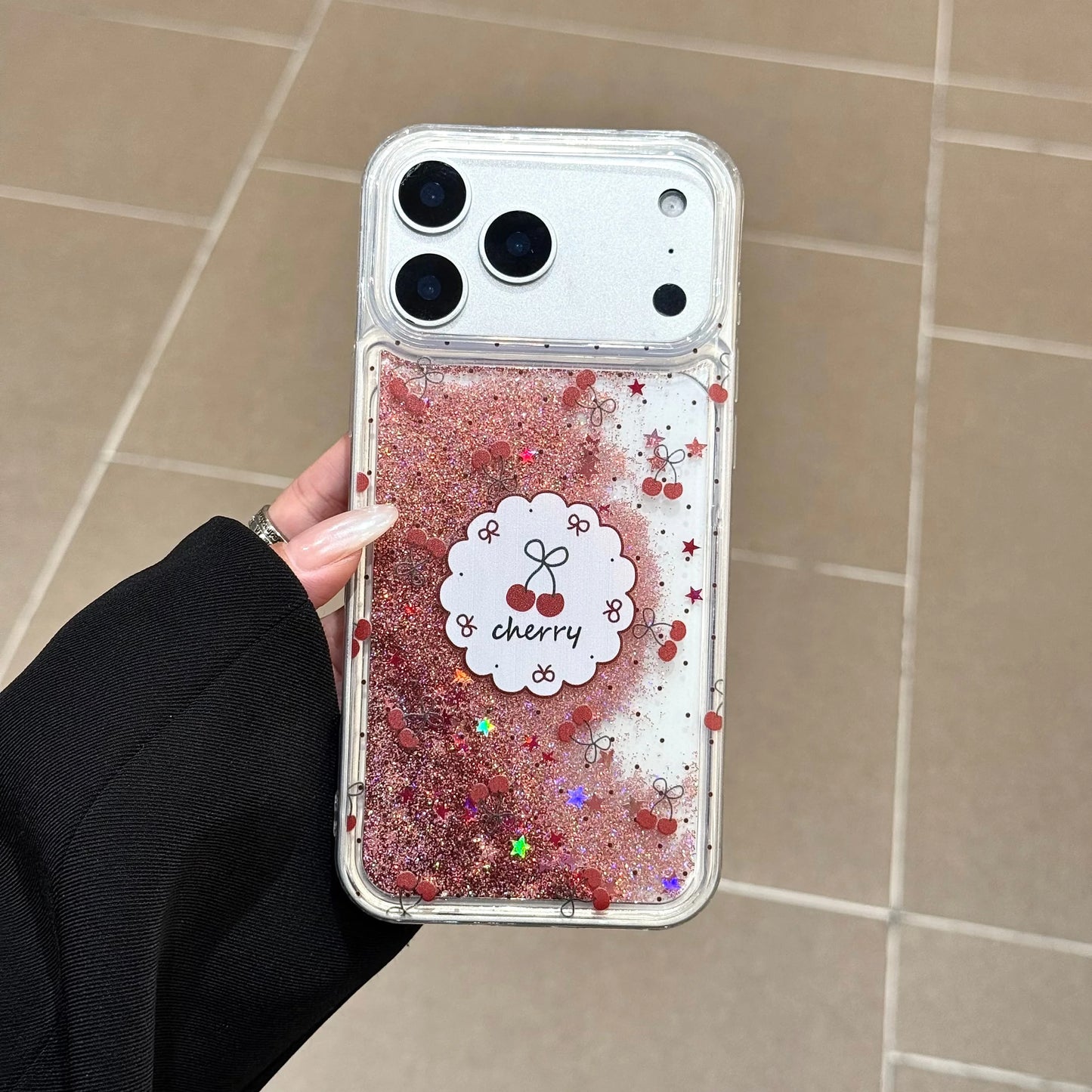 チェリー柄 リキッドグリッター パールストラップ付き クリア iPhoneケース キュート・ガーリー・韓国風 #261119