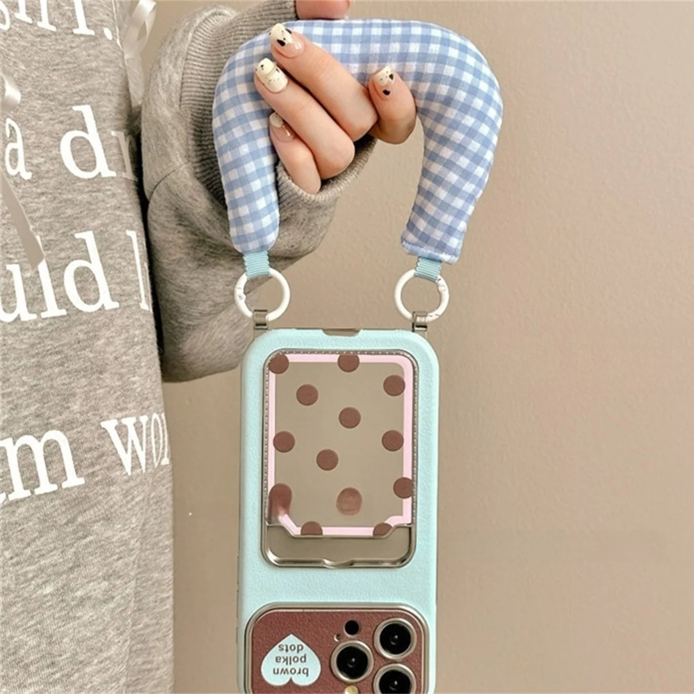 ギンガムストラップ付き ドットポケット iPhoneケース｜カード収納・ソフトTPU #240228