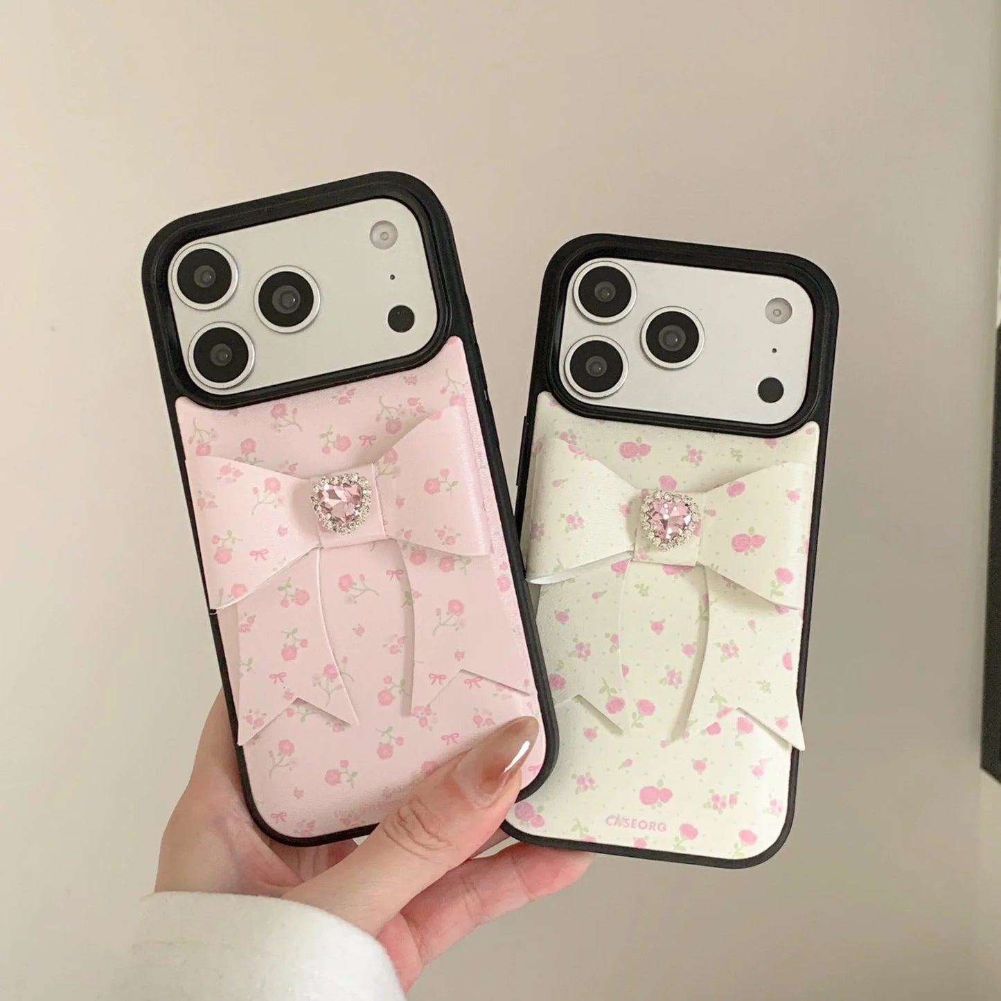 【立体リボン】ハートビジュー フラワー ソフトレザー調 小花柄 iPhoneケース #260208