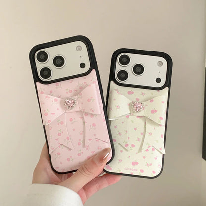 【立体リボン】ハートビジュー フラワー ソフトレザー調 小花柄 iPhoneケース #260208