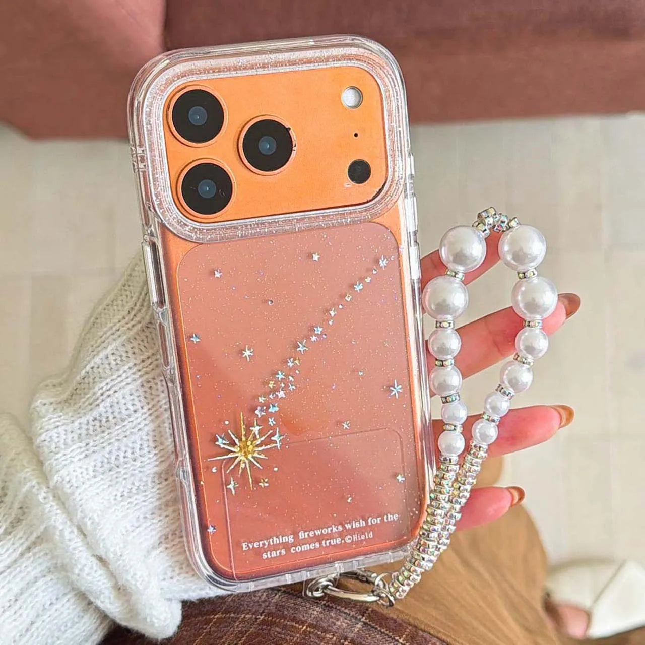 【スター×パールストラップ】キラキララメ 流れ星モチーフ クリア スマホケース｜iPhone対応 #240618