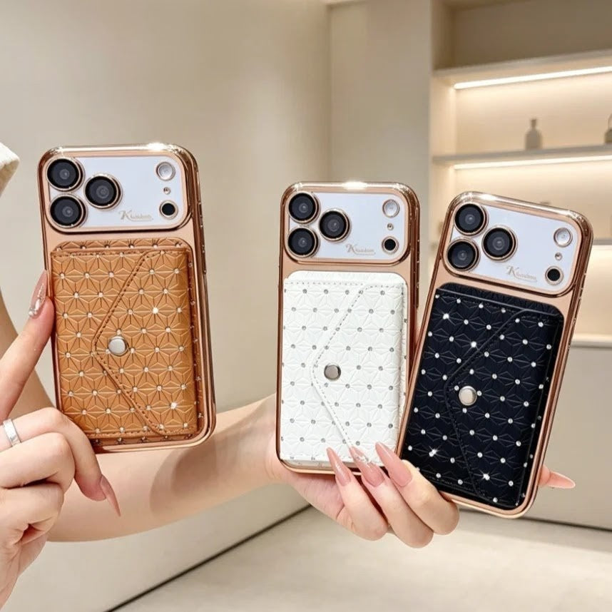 型押しレザー調 カードポケット付き ゴールドメッキ iPhoneケース｜エレガント #260031