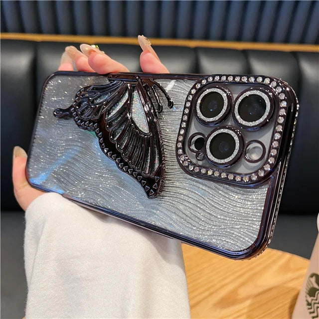 立体メタリック バタフライ iPhoneケース｜グリッター ラメ #240225