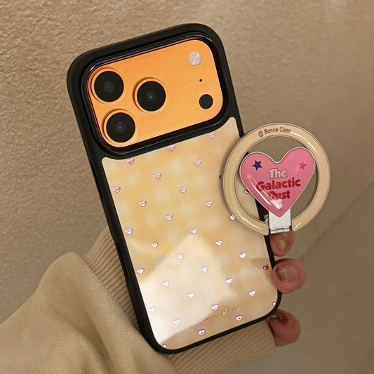 【マグネット式折りたたみハートスタンド付き】イエローチェック ×ピンクハートリング スマホケース｜iPhone対応 #240704