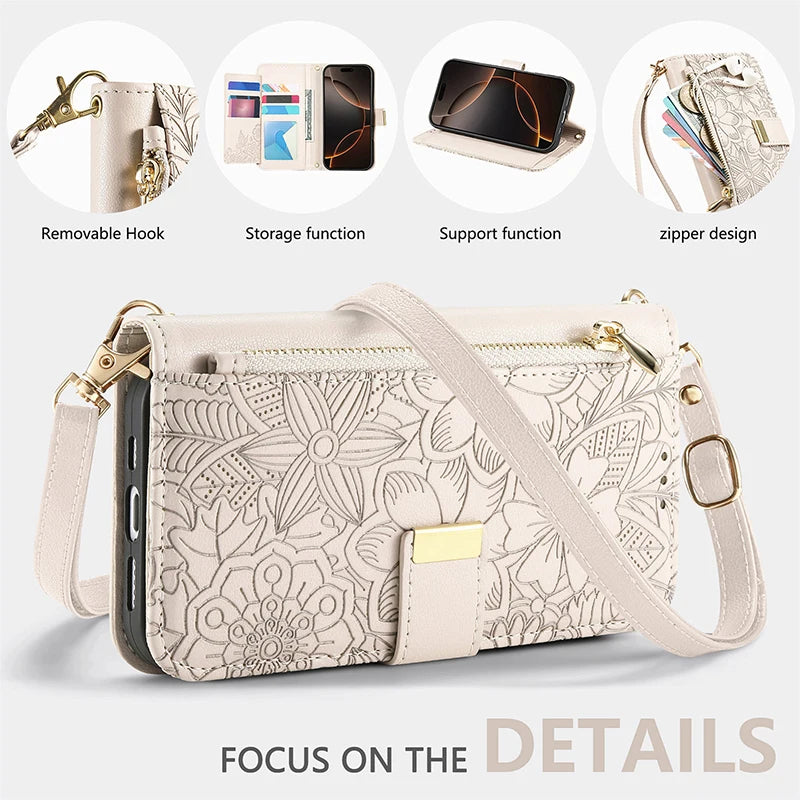 【ブックスタイル】フラワー型押し レザー調  手帳型 iPhoneケース｜財布一体型・ショルダー対応 #240123