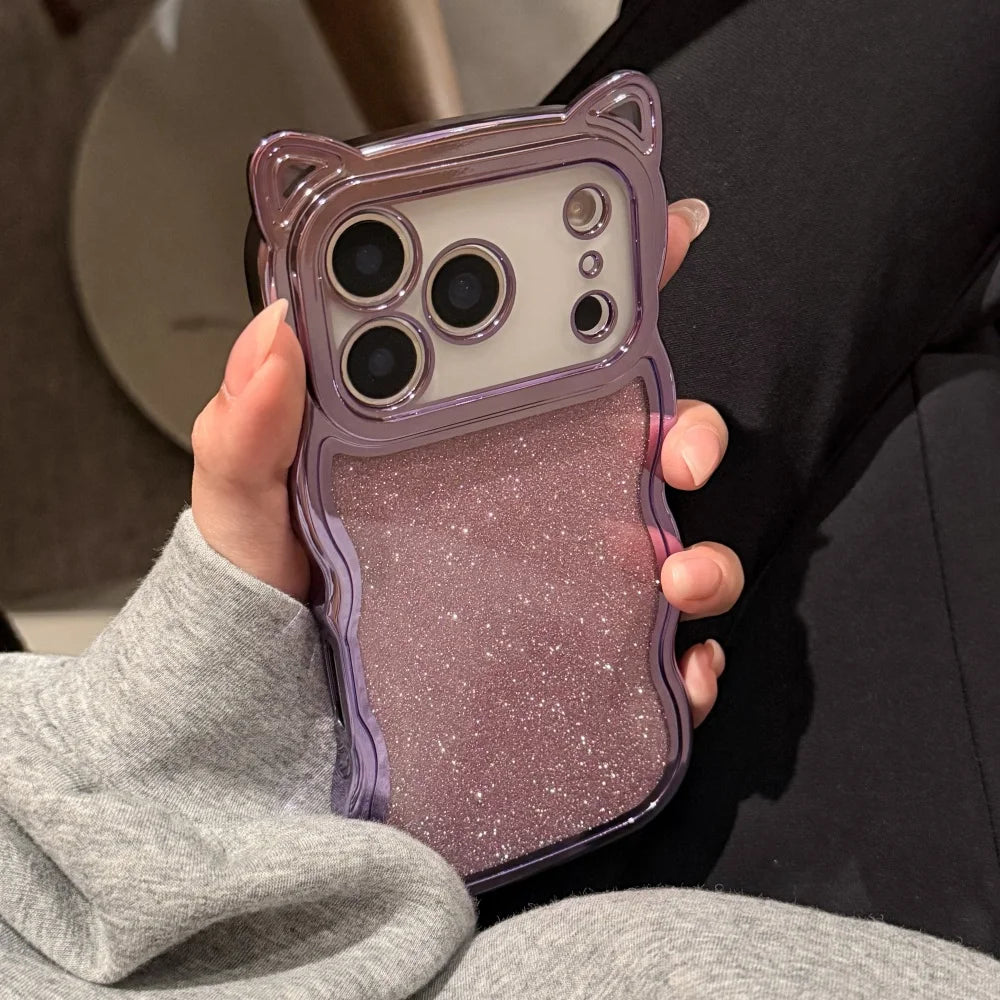 【猫耳シリーズ】ウェーブフレーム ラメ グリッター クリア iPhoneケース ソフトTPU #240216