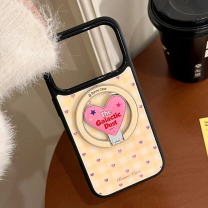 【マグネット式折りたたみハートスタンド付き】イエローチェック ×ピンクハートリング スマホケース｜iPhone対応 #240704