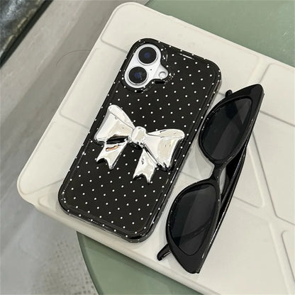 【ドットリボン】立体 メタリック リボン付き ガーリースマホケース｜iPhone対応 #250417