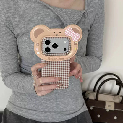 【くま】リボン チェック柄 立体フレーム iPhoneケース｜くすみカラー・韓国っぽ PCA #261277