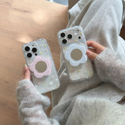 お花型ミラーグリップ デイジー柄 クリア Magnet内蔵 iPhoneケース｜淡色・大人かわいい #260025