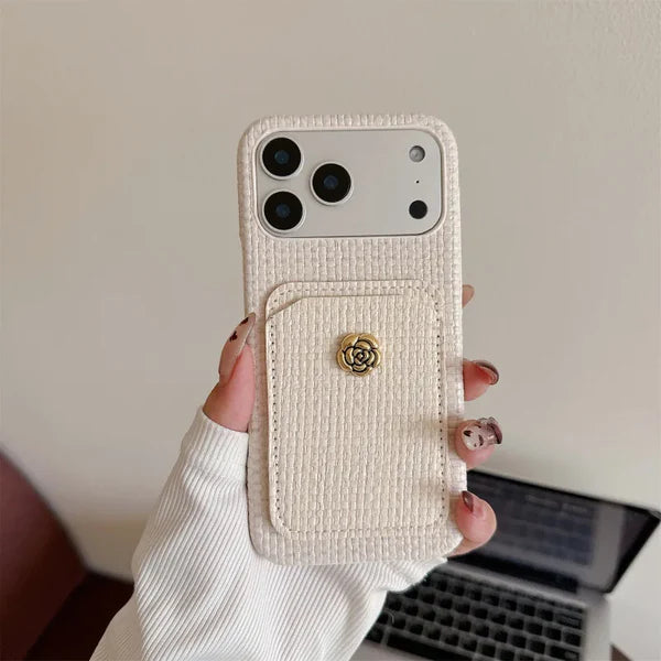 【ツイード調 】iPhoneケース カメリアボタン カードポケット付き｜上品エレガント・高見え #260012