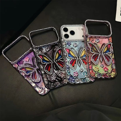 【バタフライシリーズ】立体蝶々×ストーン装飾 ステンドグラス風 クリアスマホケース｜iPhone対応 #251207