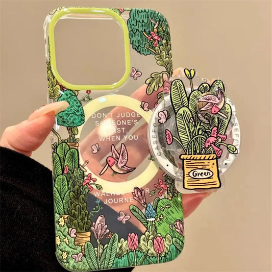 ボタニカル サボテングリップ Magnet内蔵 iPhoneケース｜草花 イラストデザイン・グリーン #260629
