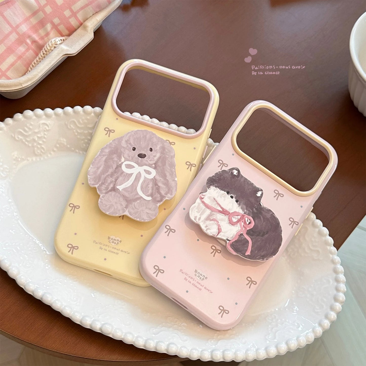ホルダー付き iPhoneケースアニマル＆リボン柄 淡色ガーリー・韓国風・キュート #261089