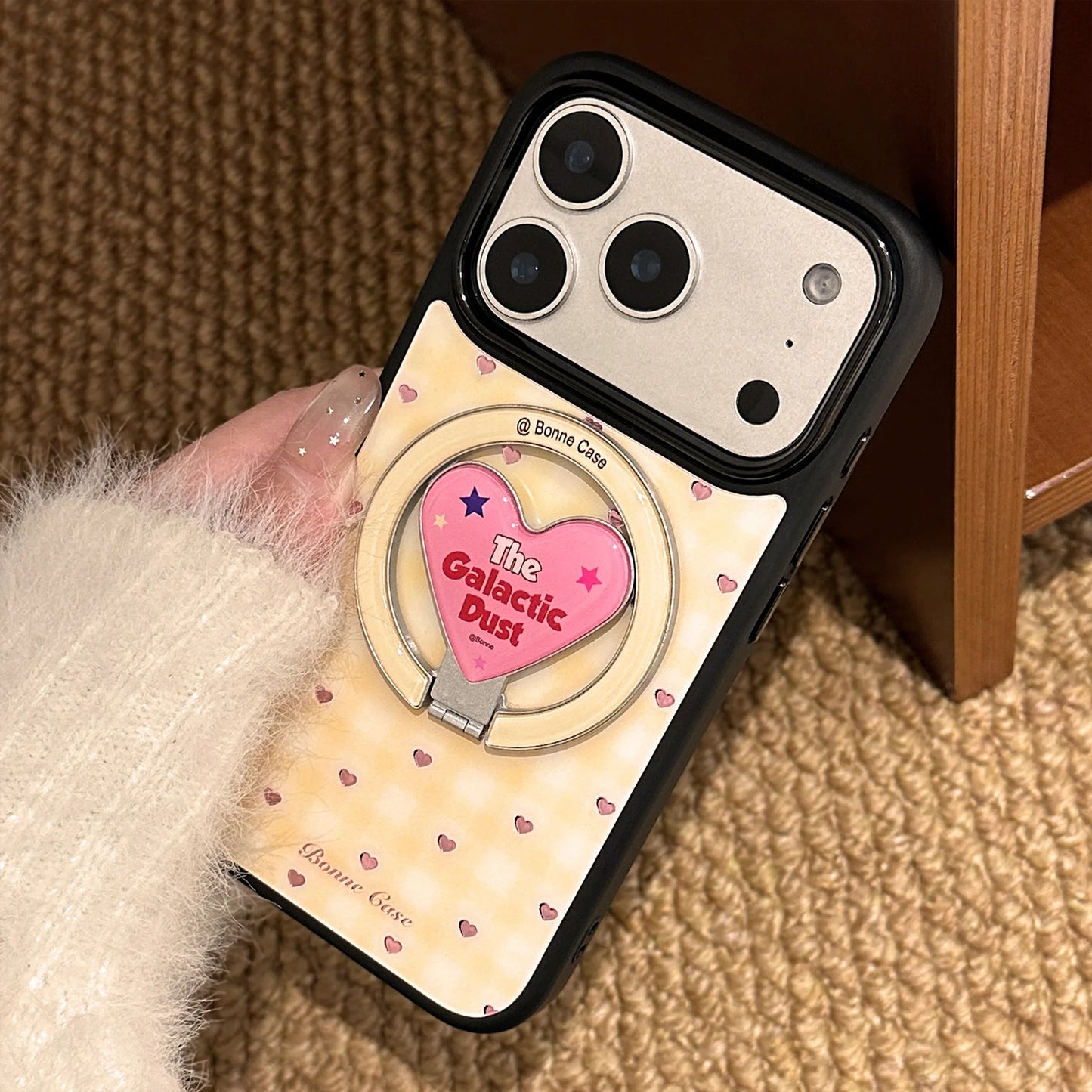 【マグネット式折りたたみハートスタンド付き】イエローチェック ×ピンクハートリング スマホケース｜iPhone対応 #240704