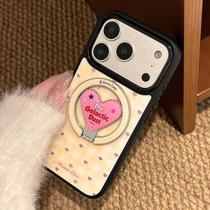 【マグネット式折りたたみハートスタンド付き】イエローチェック ×ピンクハートリング スマホケース｜iPhone対応 #240704