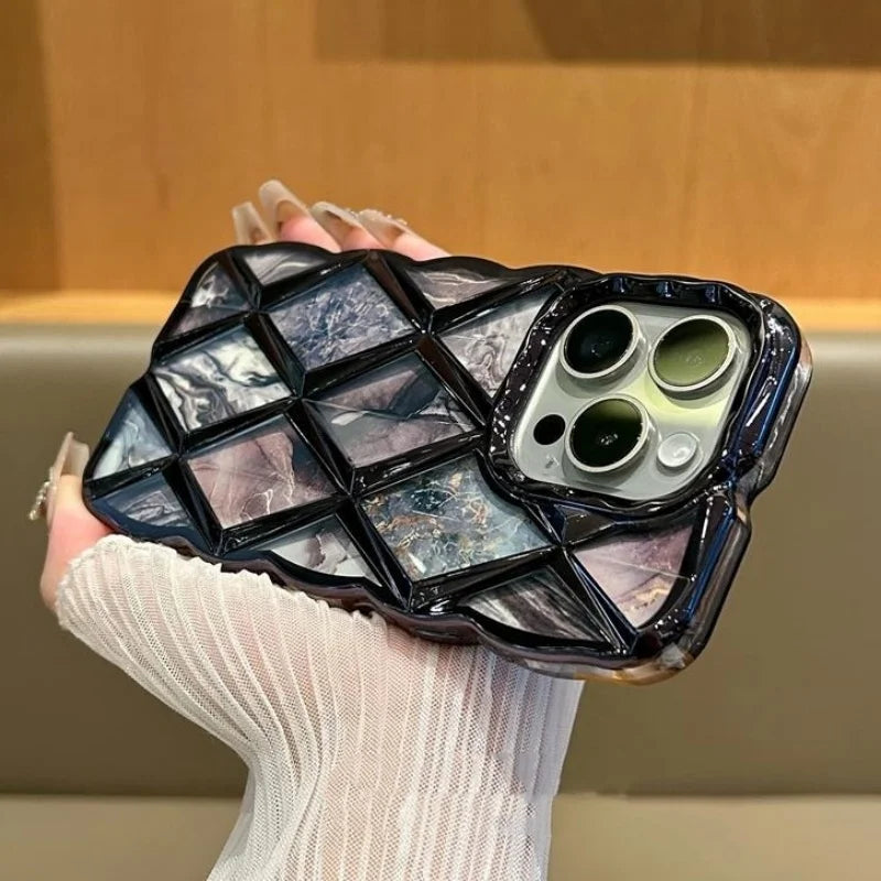 【ジェムカットアート】立体ジオメトリック × マーブルパネルデザイン スマホケース｜iPhone対応 #250603