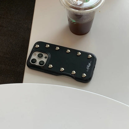 【ハートスタッズシリーズ】シルバーハート レザー デニム調 デザインスマホケース｜iPhone対応 #251217