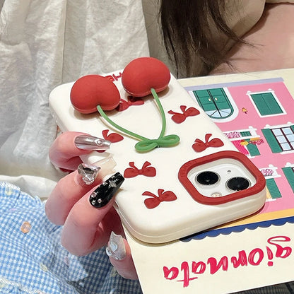 【フルーツシリーズ】立体さくらんぼ＆リボンデザイン スマホケース｜iPhone対応 #250827