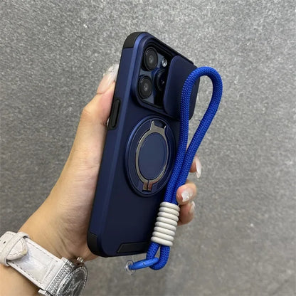 【耐衝撃シリーズ】カメラレンズカバー付き 折りたたみリングスタンド ストラップ付き スマホケース｜iPhone対応 #251226