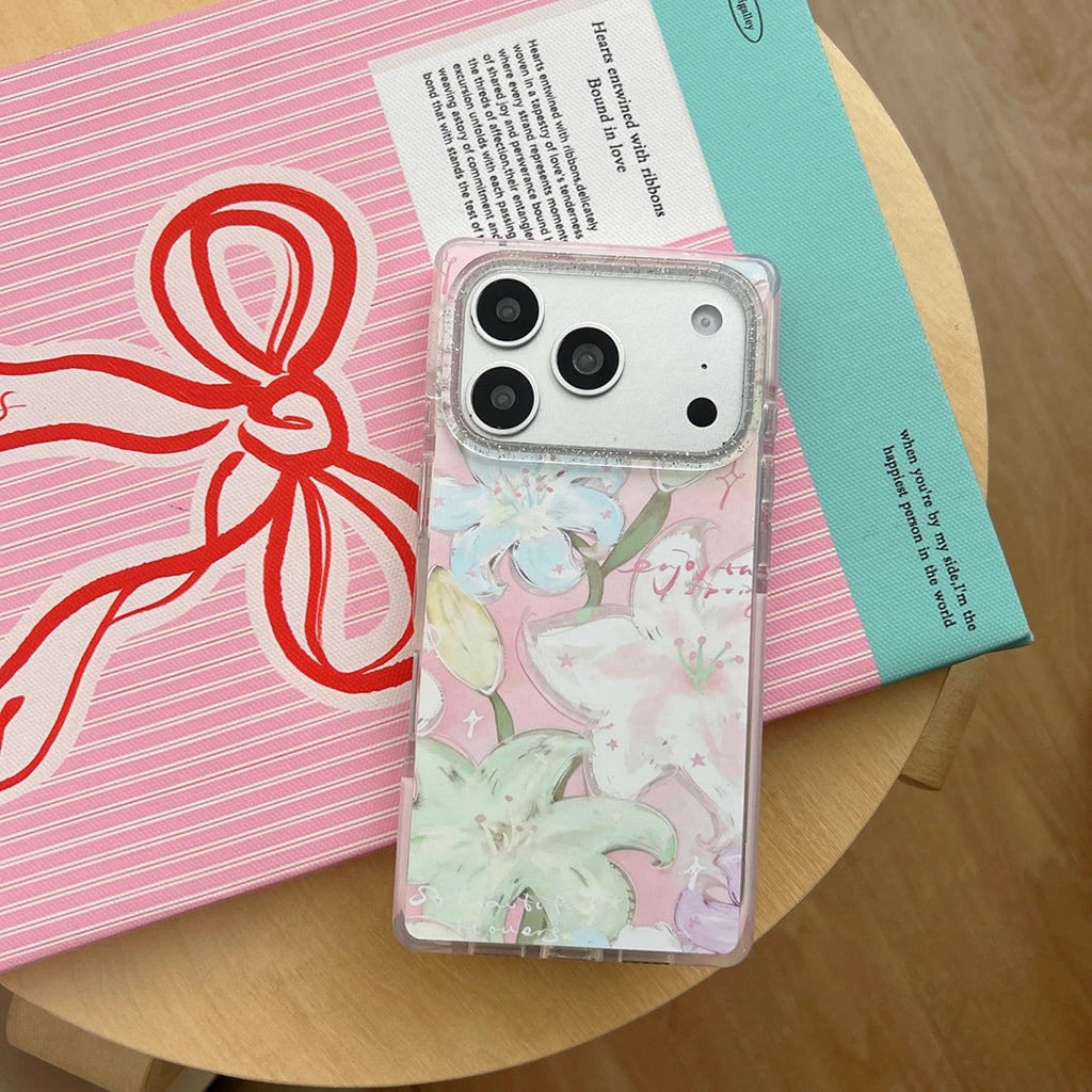 【ユリの花】iPhoneケース フラワーアート ピンク｜スクエアデザイン 花柄グリッター付きi #230823