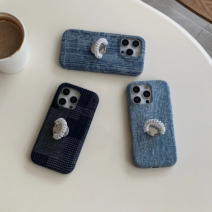 【デニムパール】ヴィンテージ デニム調 パール ビーズリング スタンド スマホケース｜iPhone対応 #250420