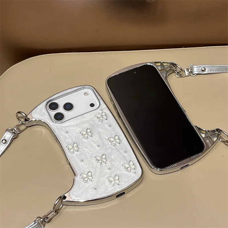 【ショルダーバッグ型 】ストラップ付き パールバタフライ スマホケース｜iPhone対応 #241001