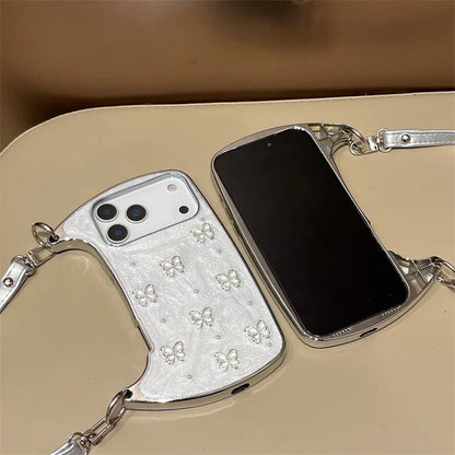 【ショルダーバッグ型 】ストラップ付き パールバタフライ スマホケース｜iPhone対応 #241001