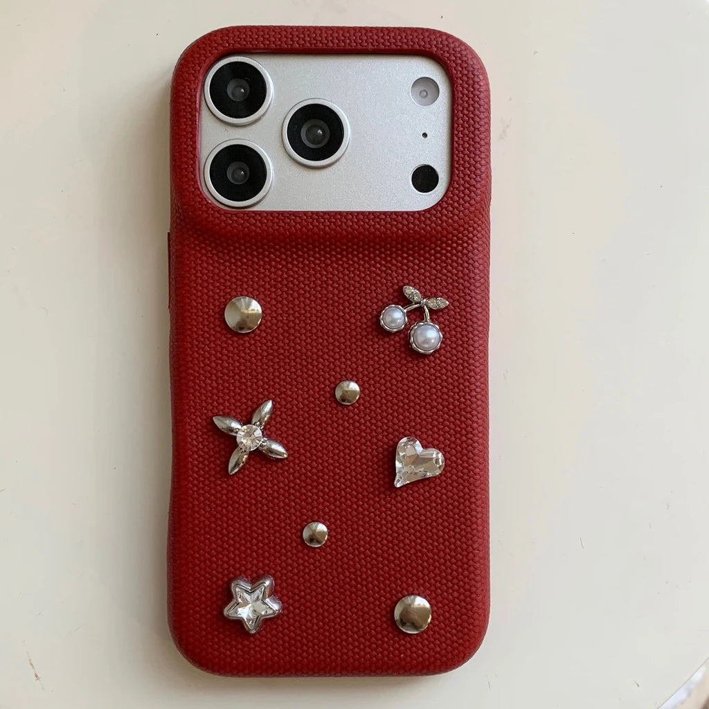 フラワー チェリーモチーフ iPhoneケース｜ビジュー装飾・布調デザイン #240530