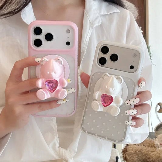 立体ビジューベア ドット柄グリップ付きiPhoneケース｜ガーリー・韓国風・くま #261051