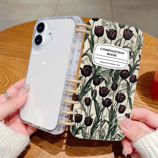 【ブックスタイル】リングノート風 フラワー チューリップデザイン 手帳型 iPhoneケース #240202
