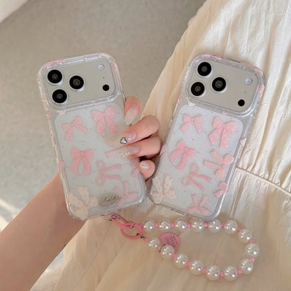 【リボンモチーフ】 クリア iPhoneケース 水玉模様 蝶結び付き ソフトシェル｜パールストラップ・淡色デザイン #230907