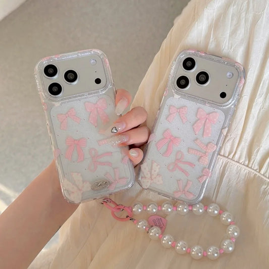 リボンモチーフ クリア iPhoneケース｜パールストラップ・淡色デザイン #230907