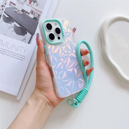 【キラキラシリーズ】幾何学模様 ホログラムデザイン ストラップ付きスマホケース｜iPhone対応 #251012