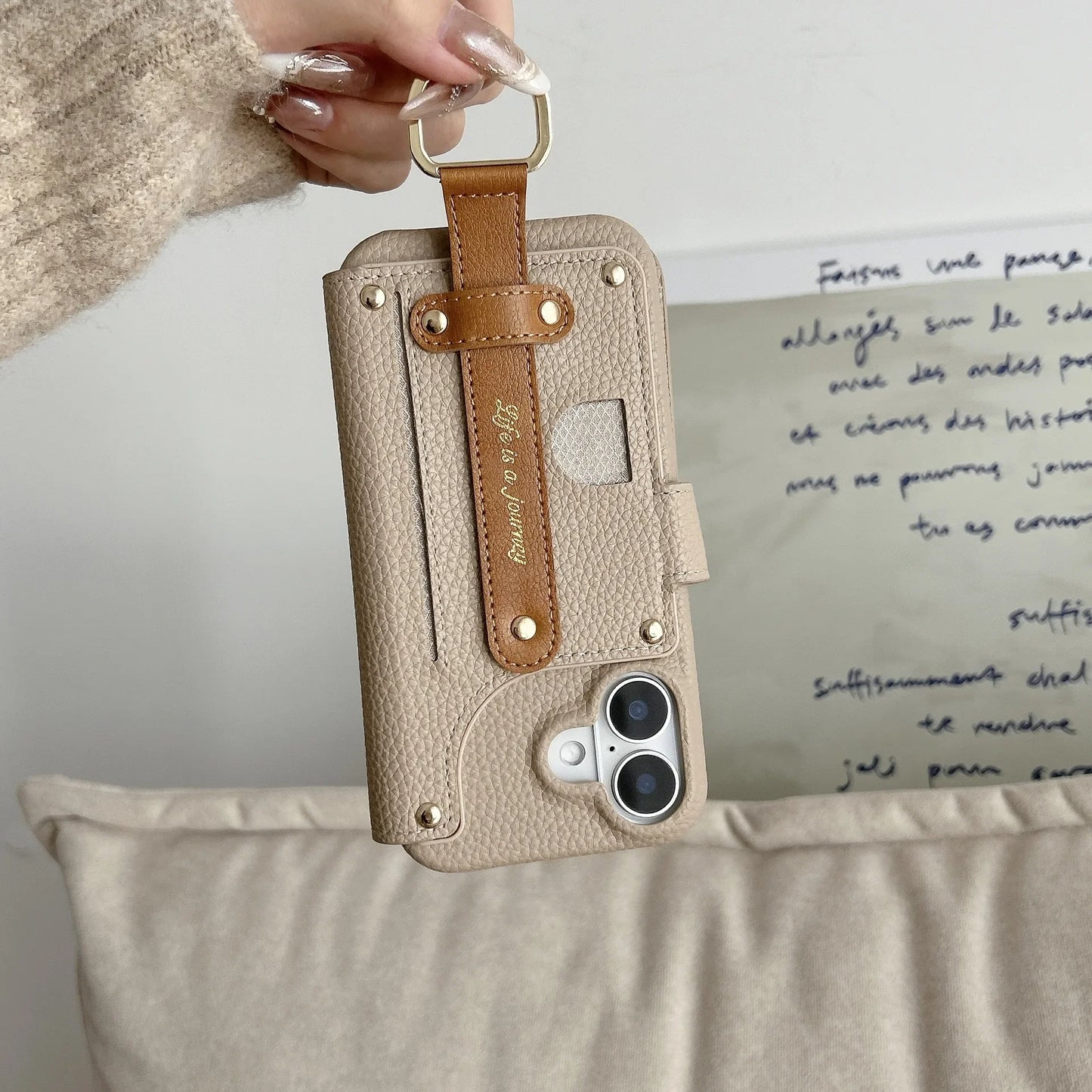 【ブックスタイル】キーリング付き レザー調 財布一体型 手帳型 iPhoneケース｜ファスナー収納・多色展開 #240128