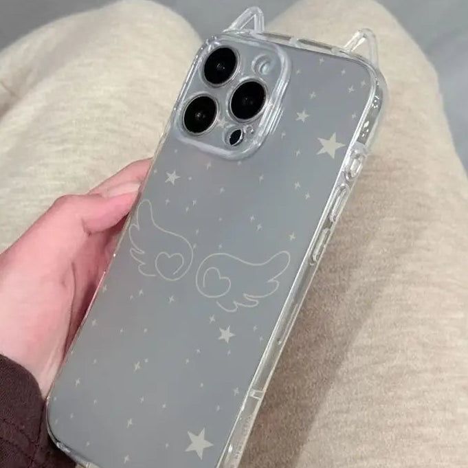 【猫耳シリーズ】 エンジェル クリア iPhoneケース｜羽モチーフ・ソフトTPU #240214
