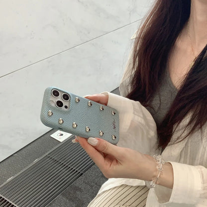 【ハートスタッズシリーズ】シルバーハート レザー デニム調 デザインスマホケース｜iPhone対応 #251217