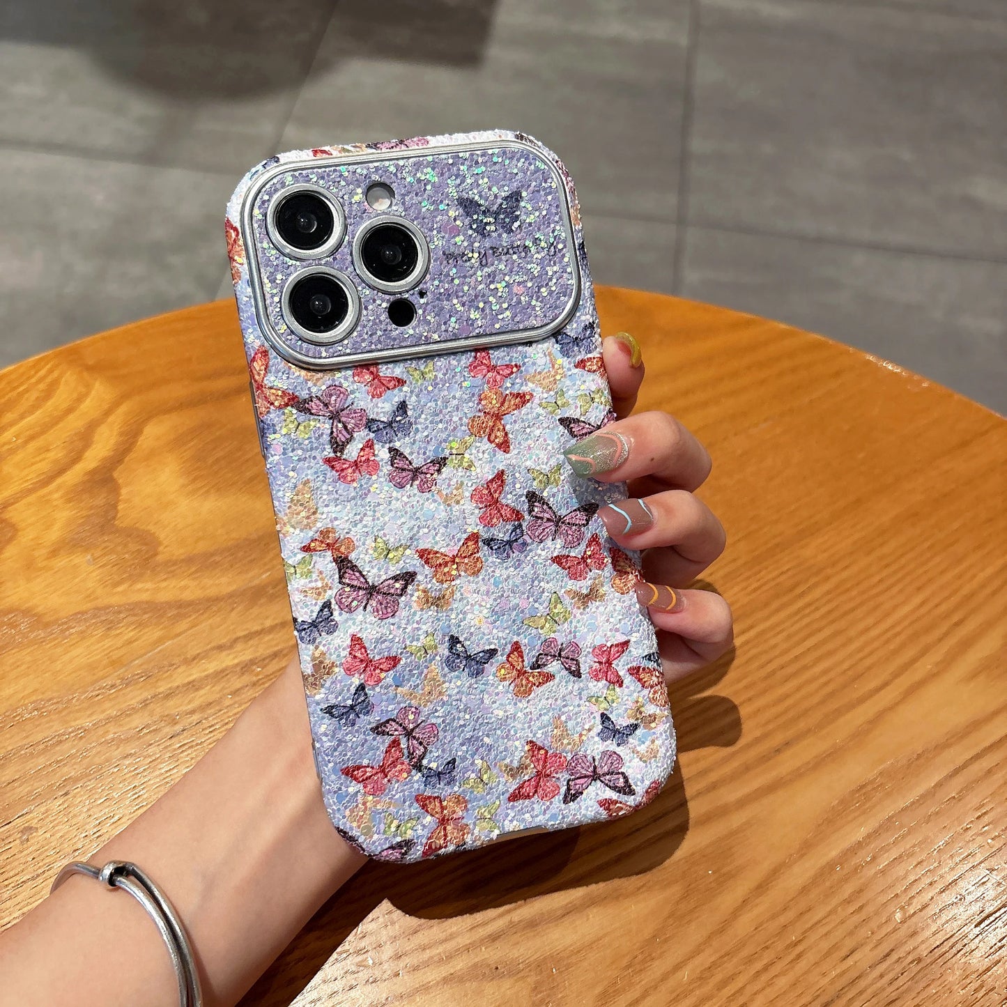 カラフル バタフライ パープルグリッター iPhoneケース｜ビーズストラップ付き #230709