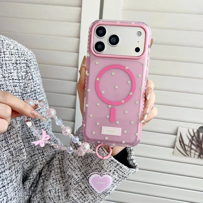 ハートグリップ ビーズストラップ付き ドット柄 韓国風 iPhoneケース #240509